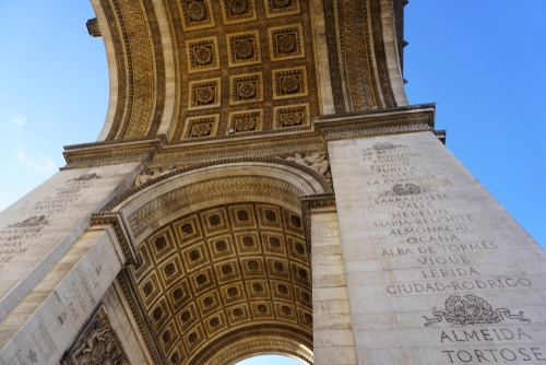 artistic, interior aerial detail shot of the arc de triumph, rosette detail in paris france