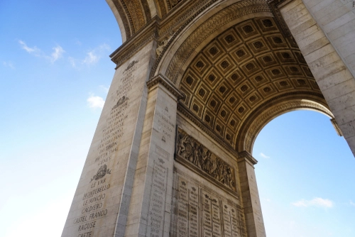 artistic, interior aerial detail shot of the arc de triumph, rosette detail in paris france