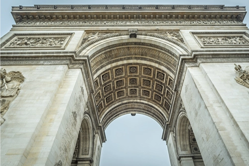 The Arc de Triomphe in Paris as seen from under the arch