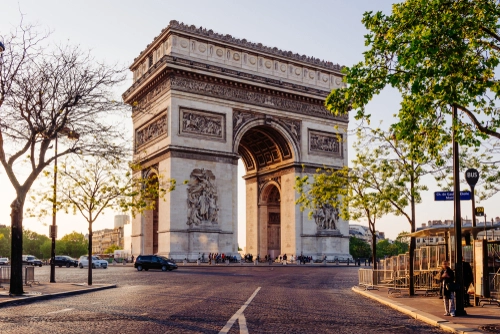 Paris Arc de Triomphe (Triumphal Arch), place Charles de Gaulle in Chaps Elysees at sunset, Paris, France. Architecture and landmark of Paris. Sunset Paris cityscape