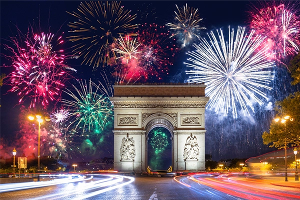 New Year fireworks display over the Arc de Triomphe in Paris. France